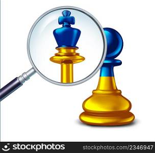 Ukrainian strength concept and the power of the Ukrainians as a Ukraine leadership symbol with a Ukrainian chess piece with a king and pawn with the yellow and blue flag as a 3D illustration.