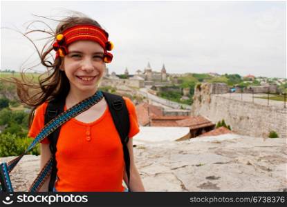 Ukrainian teen girl staying outdoors