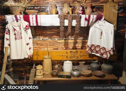 Ukrainian traditional culture. Old house interior and things stuff.