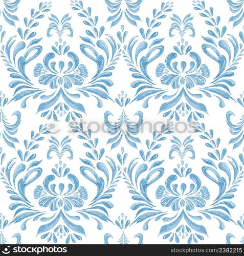 Ukrainian traditional style. Petrykivka art. Ukrainian folk art. Hand drawn illustration.. Seamless pattern with floral background