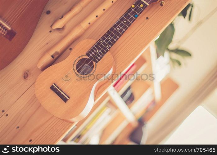 Ukulele and flutes hanging on a wooden bookshelf, close up picture