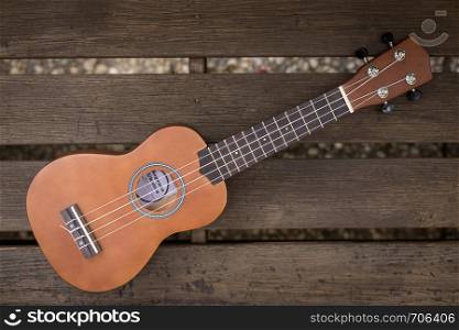 Ukulele and on a wooden park bench in summer, green area in the blurry background