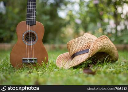Ukulele and straw hat lying in the green grass, blurry park area in the background