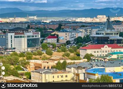 Ulan-Ude, Russia - July 20, 2022  Panoramic view from the height of the city in summer on a bright sunny day. Ulan-Ude, Russia - July 20, 2022  Panoramic view from the height of the city in summer on a bright sunny day.