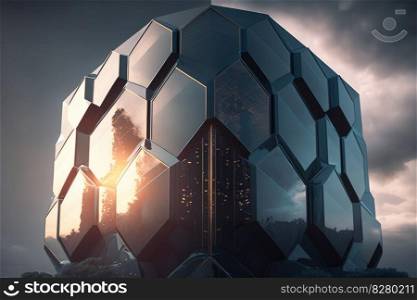 Ultra modern futuristic design of office building with hexagon shape pattern. distinct generative AI image.. Ultra modern futuristic design of office building with hexagon shape pattern