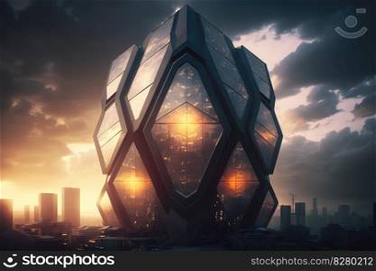 Ultra modern futuristic design of office building with hexagon shape pattern. distinct generative AI image.. Ultra modern futuristic design of office building with hexagon shape pattern