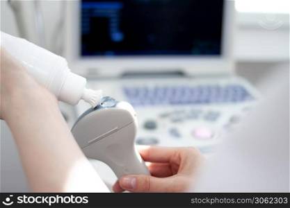Ultrasound scanner equipment in clinic hospital. Diagnostics, sonography and health concept. Copyspace. Ultrasound scanner equipmentin in clinic hospital. Diagnostics, sonography and health concept. Copyspace