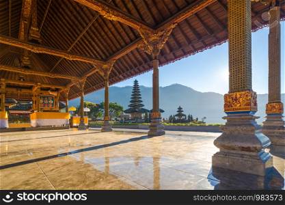 Ulun Danu Bratan Temple in Bali. It is one of the most popular of tourist attraction. Indonesia. Hindu architecture landscape background of travel trip and holidays vacation in Indonesia.