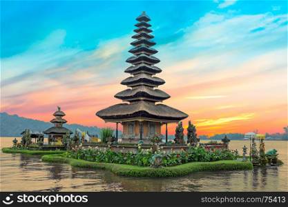 Ulun Danu temple Beratan Lake in Bali Indonesia at sunset