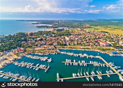 Umag. Aerial view of sailing marina and beautiful coastlne in Umag, Istria region of Croatia
