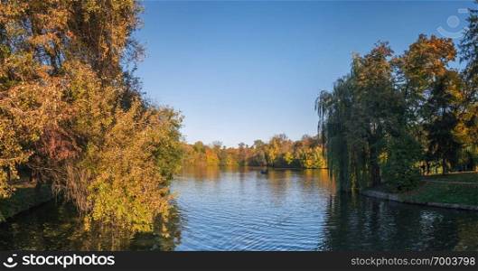 Uman, Ukraine - 10.13.2018. Amazing autumn at the Upper Pond in Sophia Park in Uman. Upper Pond in Sophia Park in Uman, Ukraine