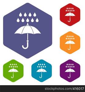 Umbrella and rain icons set rhombus in different colors isolated on white background. Umbrella and rain icons set