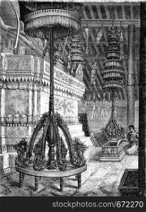 Umbrellas storey pagoda inside Laos, vintage engraved illustration. Le Tour du Monde, Travel Journal, (1872).