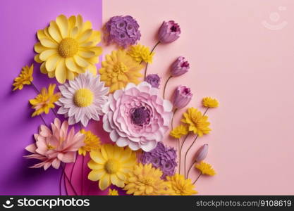 Un fondo de primavera con flores de colores pastel es una obra de arte natural que muestra la belleza y la alegr a de la temporada. La paleta de colores suaves, desde el rosa p lido hasta el amarillo claro, crea una sensaci n de calma y serenidad en cualquier espacio. Las flores delicadas y elegantes a aden un toque de elegancia y sofisticaci n al fondo, mientras que el ambiente general es fresco y vibrante. Este fondo es perfecto para a adir un toque de primavera a cualquier proyecto de dise o, ya sea para una publicidad, un sitio web, o para decorar una habitaci n.. painting composed of a bouquet of pastel-coloured flowers, on a two-colour pastel background, spring concept, Generative Ai