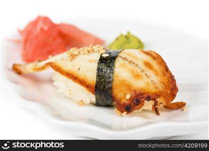 unagi sushi of eel with ginger, seaweed and sesame
