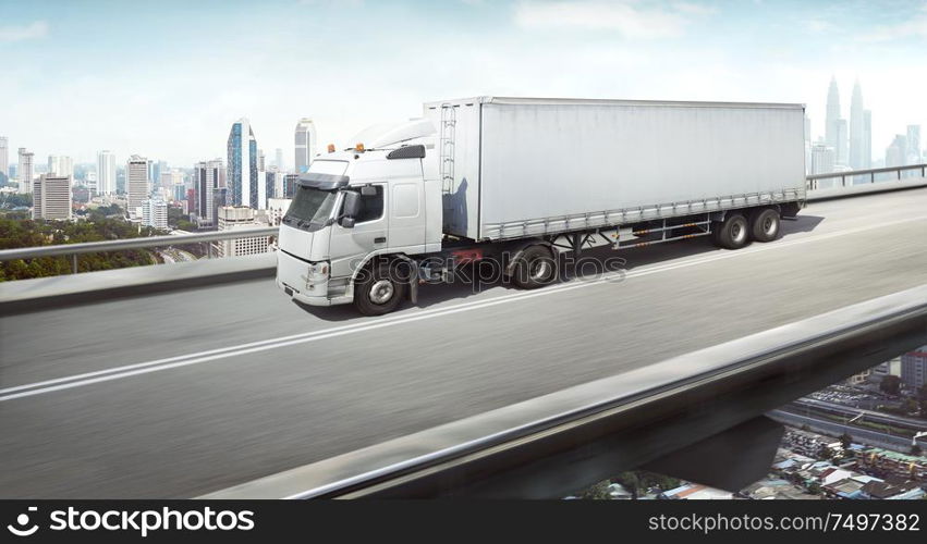 Unbranded generic truck with container on high speed overpass with city skyline , cargo transportation concept. 3D Rendering . Mixed media .