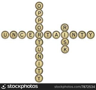 uncertainty, opportunity and risk crossword in old round typewriter keys isolated on white