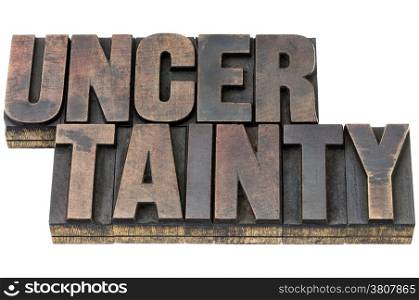 uncertainty word - isolated text in vintage letterpress wood type with ink patina