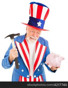 Uncle Sam prepares to break into his piggy bank. Metaphor for US recession. Isolated