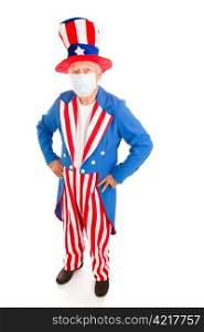 Uncle Sam wearing a surgical mask to protect against congatious illness. Full body isolated.