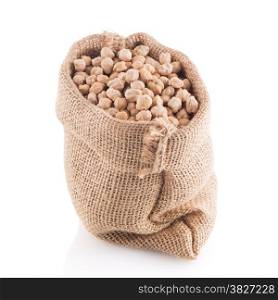 Uncooked chickpeas Uncooked chickpeas on burlap bag on white background.