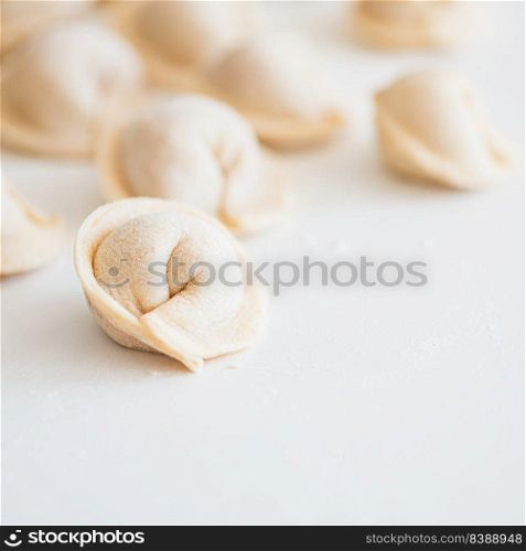Uncooked homemade pelmeni on white table. Process of making pelmeni, ravioli or dumplings with meat