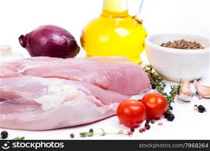 uncooked raw turkey fillet with serving spices on white background