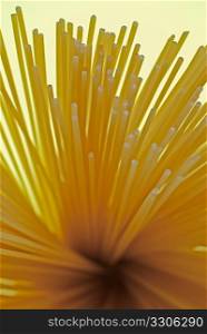 Uncooked spaghetti detail on yellow background.
