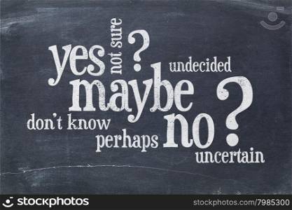 undecided or uncertain concept - yes, no, maybe word cloud on a vintage blackboard
