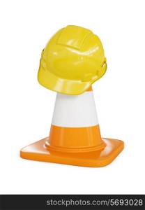 Under construction concept background - yellow hard hat on orange highway traffic construction cone with white stripes isolated on white
