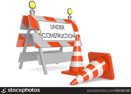 Under construction sign with traffic cones, 3D rendering