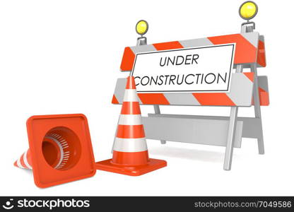 Under construction sign with traffic cones, 3D rendering