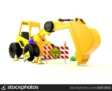 Under construction site with sign and excavator