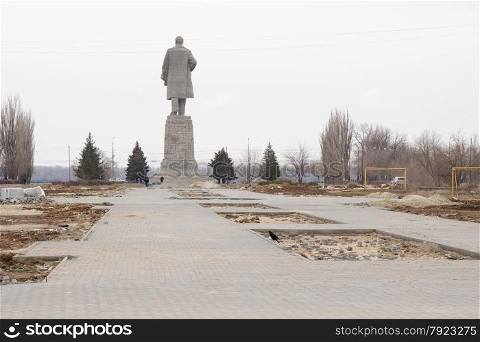 Under construction walkway to the monument of Lenin Red Army on the waterfront area of the city of Volgograd on the street 50 years October. Construction mall to monument of Lenin on waterfront Krasnoarmeiskii Volgograd