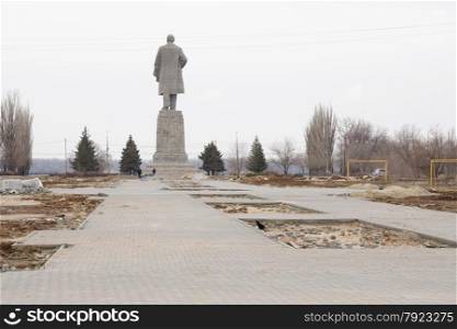 Under construction walkway to the monument of Lenin Red Army on the waterfront area of the city of Volgograd on the street 50 years October. Construction mall to monument of Lenin on waterfront Krasnoarmeiskii Volgograd