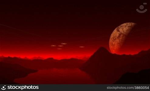 Under dark skies bright flying round objects (UFOs). Above the horizon a large planet (moon). Low mountains and hills shrouded in red luminous mist. In the water of the lake reflected the dim light.