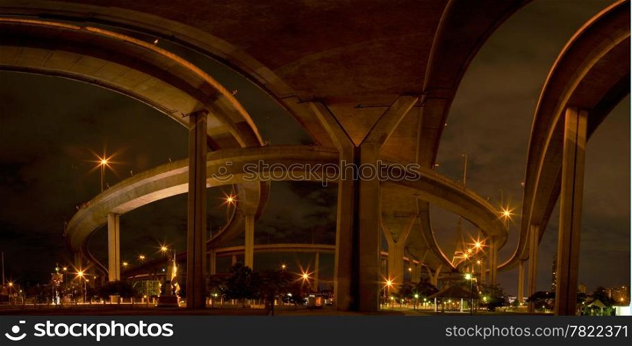 Under the bridge in the evening. Are labyrinthine maze of bridges to cross. Light is scattered all over the road.&#xA;