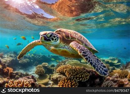 Under water sea turtle. Diving scene of turtle undersea. Generative AI