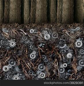 Underground economy and black market business concept as a forest of trees as a hidden root system under the ground as gears and cog wheels connected together in a secret financial industry network.