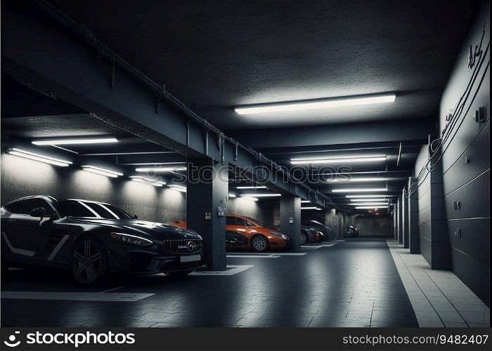 Underground parking with cars, vehicle garage created by AI  