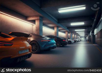 Underground parking with cars, vehicle garage created by AI  
