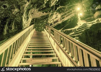 Underground staircase at corridor in Wieliczka Salt Mine