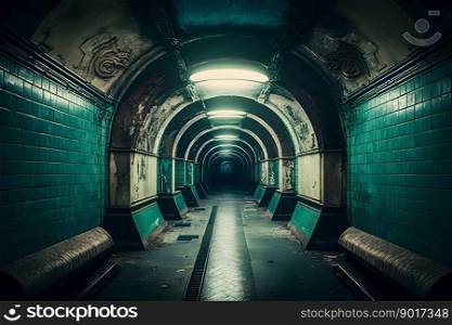 Underground subway tunnels in dirty obsolete condition. Neural network AI generated art. Underground subway tunnels in dirty obsolete condition. Neural network generated art