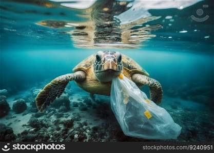 Underwater concept of global problem with plastic rubbish floating in the oceans. Hawksbill turtle in caption of plastic bag. Neural network AI generated art. Underwater concept of global problem with plastic rubbish floating in the oceans. Hawksbill turtle in caption of plastic bag. Neural network AI generated
