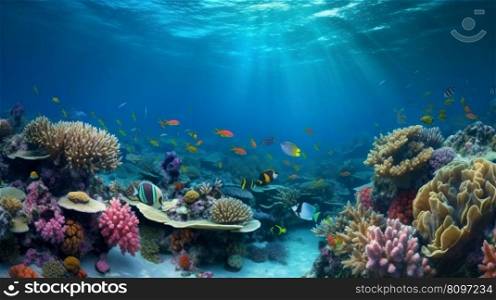 Underwater coral reef landscape super wide banner background in deep blue ocean. Illustration Generative AI 