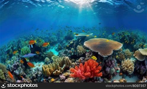 Underwater coral reef landscape super wide banner background in deep blue ocean. Illustration Generative AI 