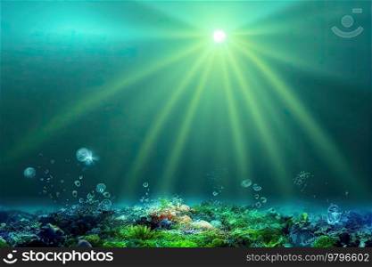 underwater coral reef seascape background with clear water and sunshine. underwater sea scape