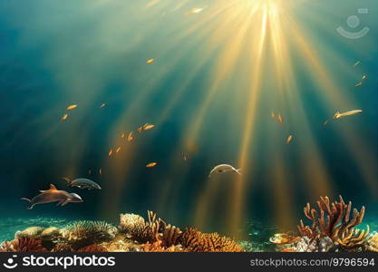 underwater coral reef seascape background with small fish and clear water and sunshine. underwater sea scape