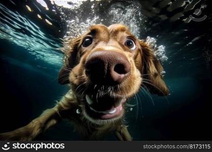 Underwater cute dog. Summer water pool. Generate Ai. Underwater cute dog. Generate Ai