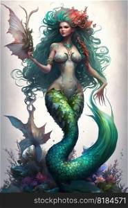 underwater fantasy world beautiful mermaid with tail in ocean created by generative AI 